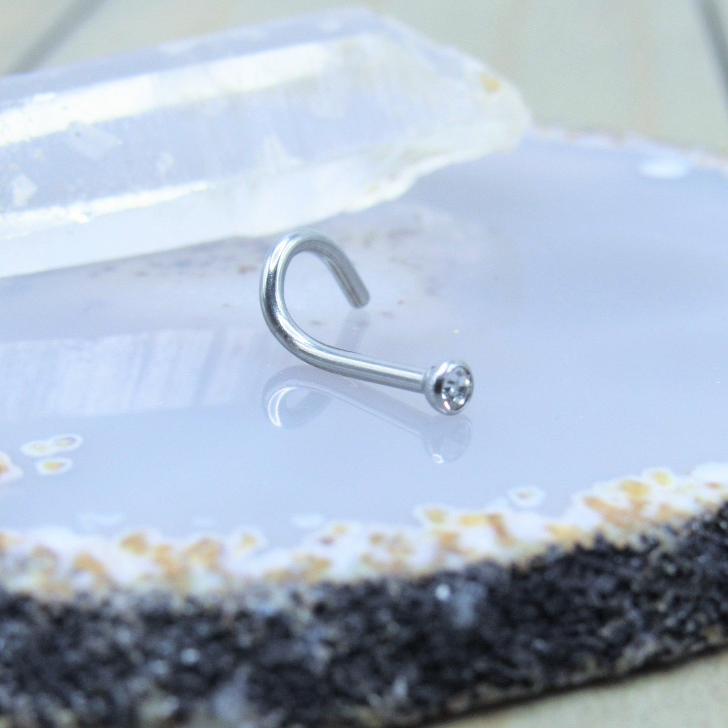 Nose Piercing Screw Ring 18g 2mm Clear CZ Bezel Set Gemstone - Siren Body Jewelry
