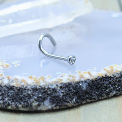 Nose Piercing Screw Ring 18g 2mm Clear CZ Bezel Set Gemstone - Siren Body Jewelry