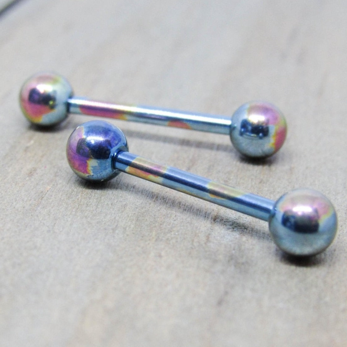 14g titanium anodized nipple piercing barbell set oilslick