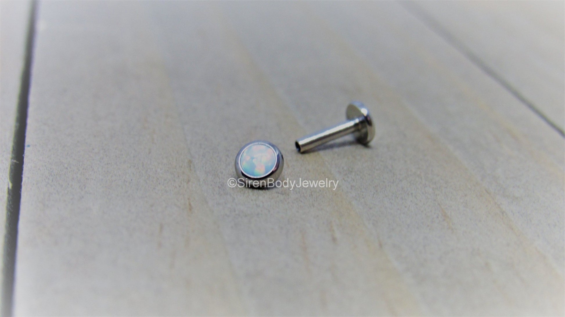Opal flat back earrings 16g titanium internally threaded labret 4mm bezel set opals pair - SirenBodyJewelry