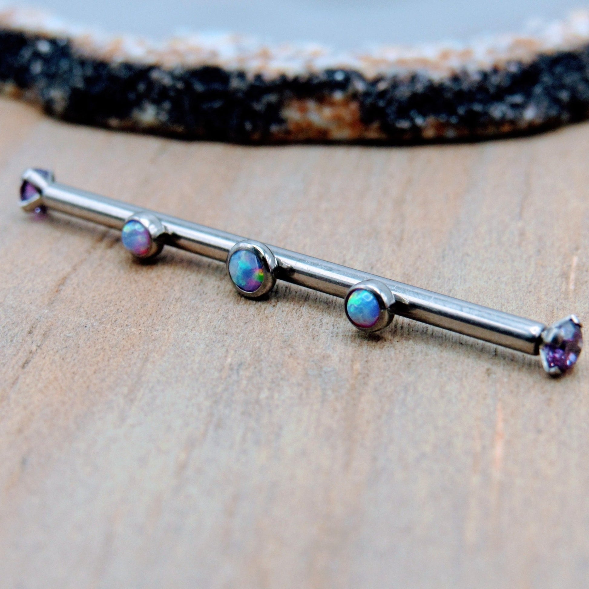 Opal industrial barbell 14g purple opals scaffold piercing barbells titanium internally threaded prong set straight ear bars silver lavender - Siren Body Jewelry