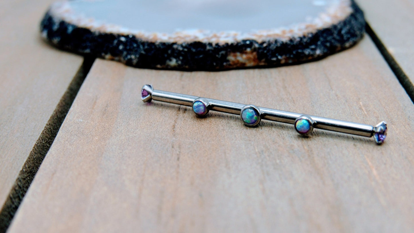 Opal industrial barbell 14g purple opals scaffold piercing barbells titanium internally threaded prong set straight ear bars silver lavender - Siren Body Jewelry