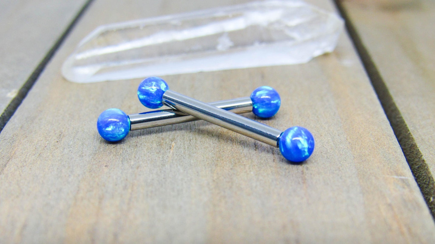 Opal nipple jewelry 12g titanium internally threaded pair 4mm blue opals hypoallergenic - SirenBodyJewelry