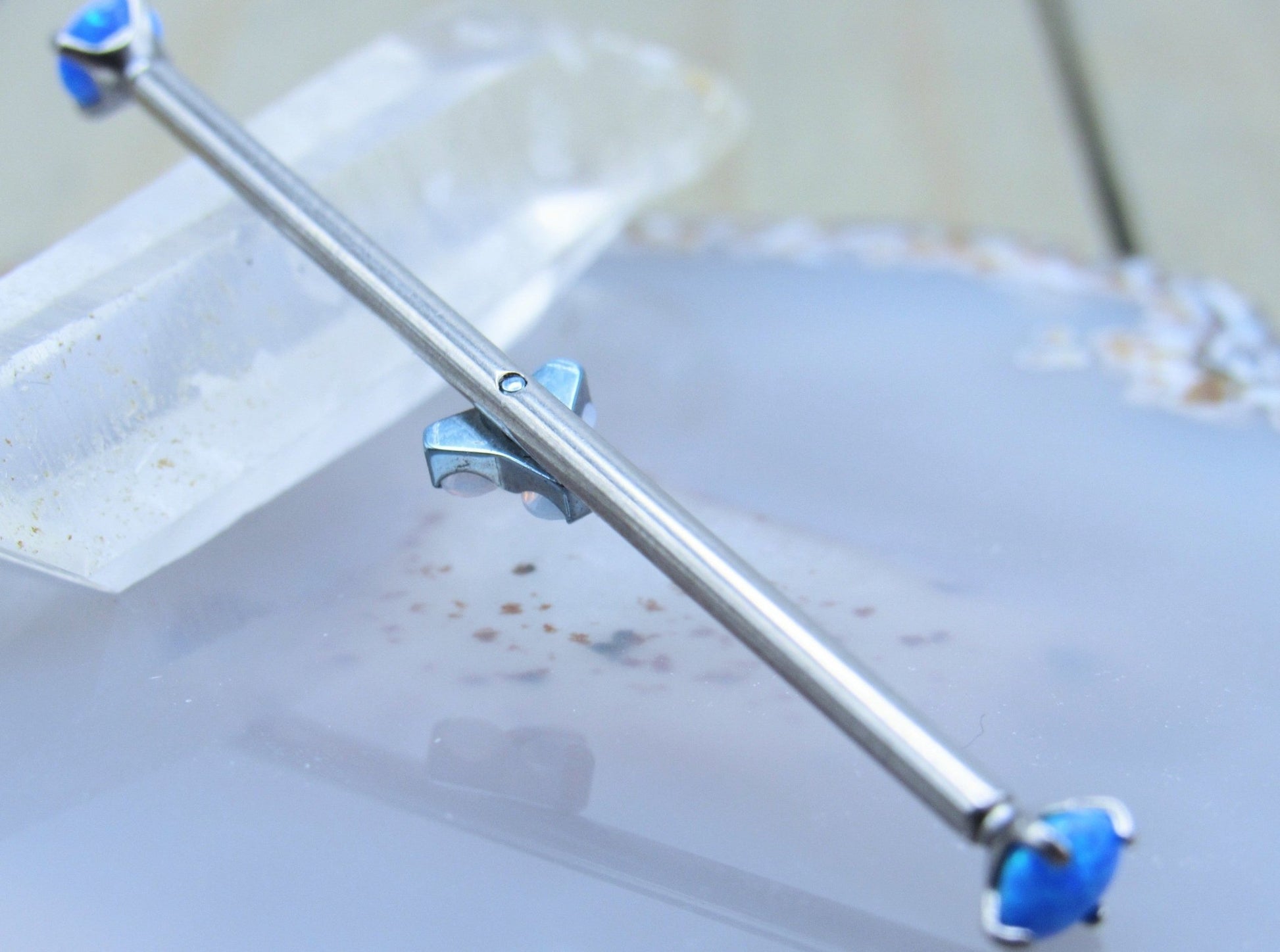 Opalite gemstone custom titanium industrial ear piercing barbell 14g 1 1/2" - Siren Body Jewelry