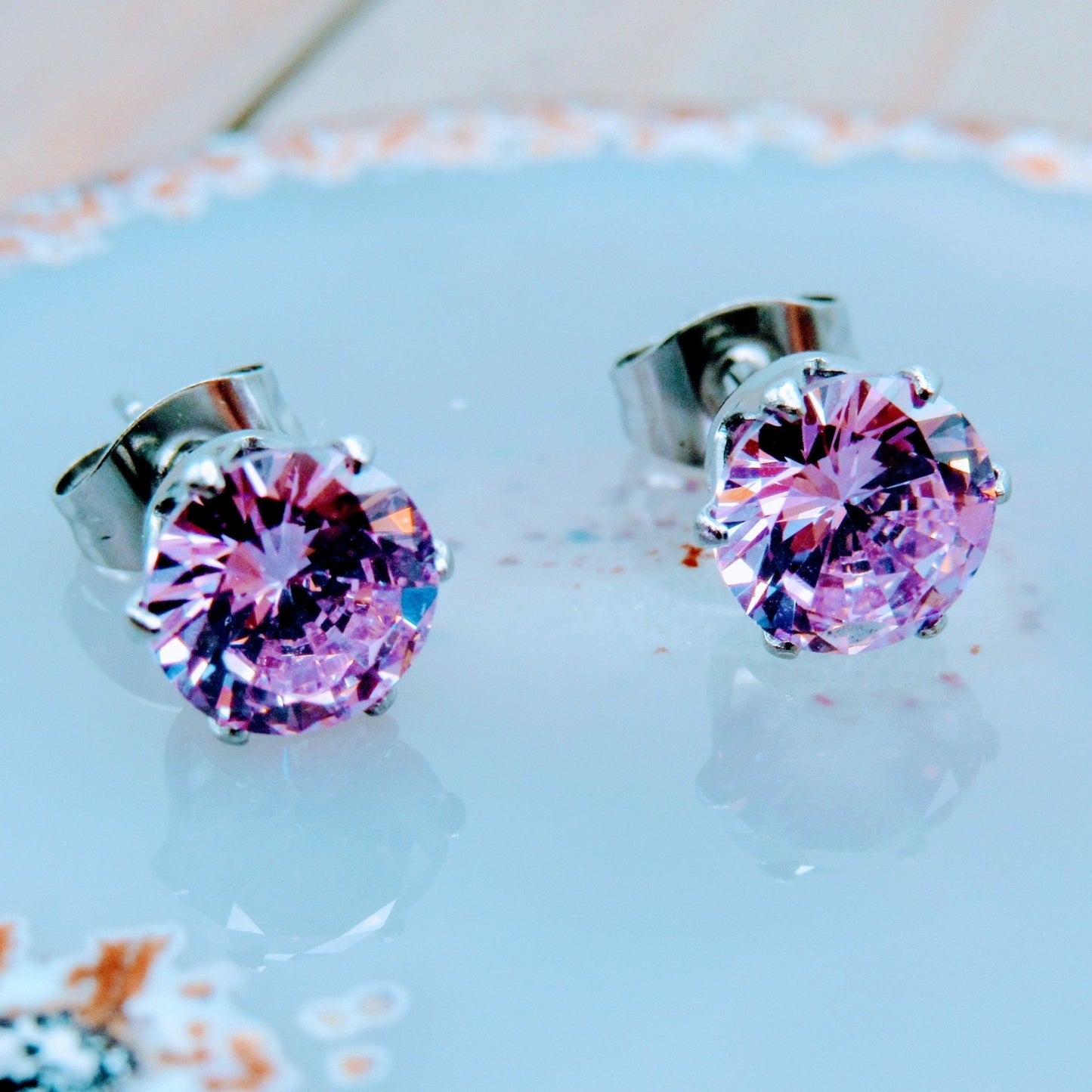 Pink cubic zirconia gemstones 316L stainless steel butterfly back ear piercing stud set 3mm-7mm diameter pick your size - Siren Body Jewelry
