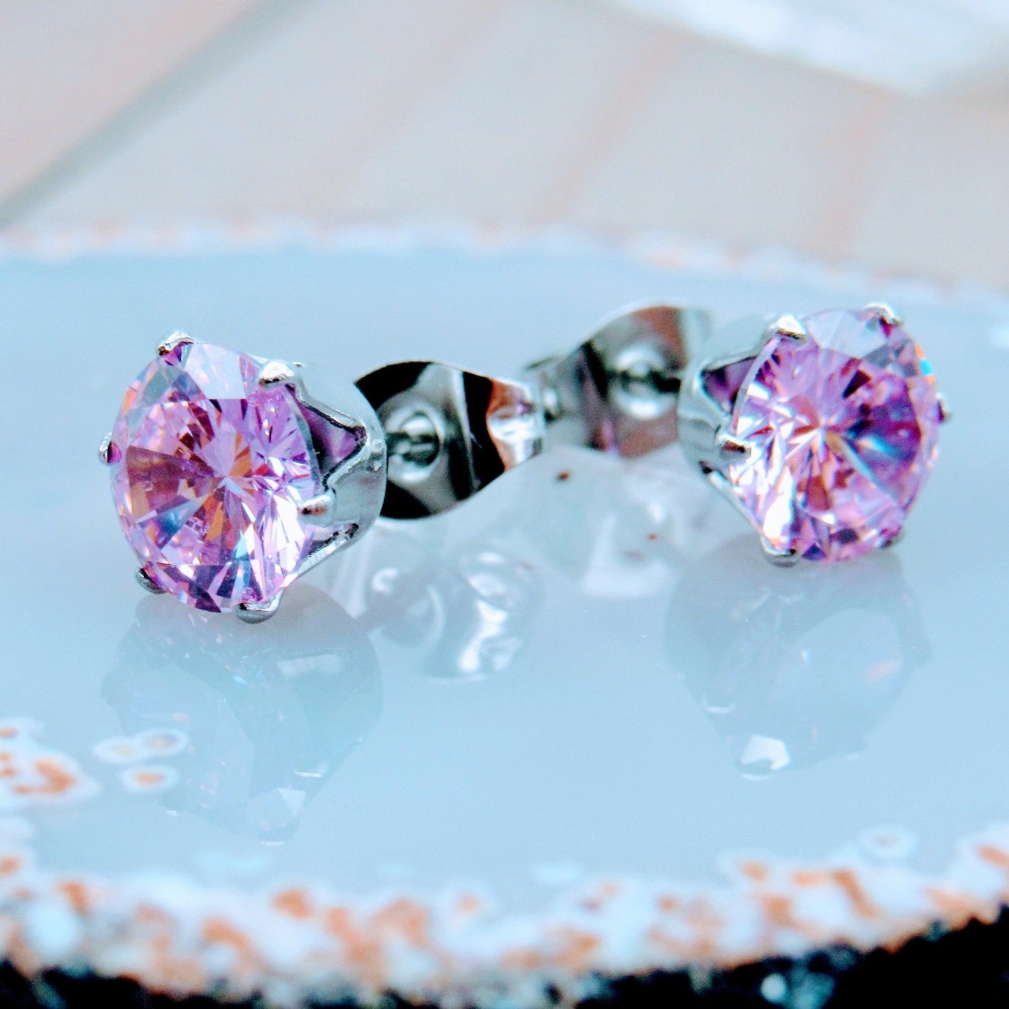 Pink cubic zirconia gemstones 316L stainless steel butterfly back ear piercing stud set 3mm-7mm diameter pick your size - Siren Body Jewelry