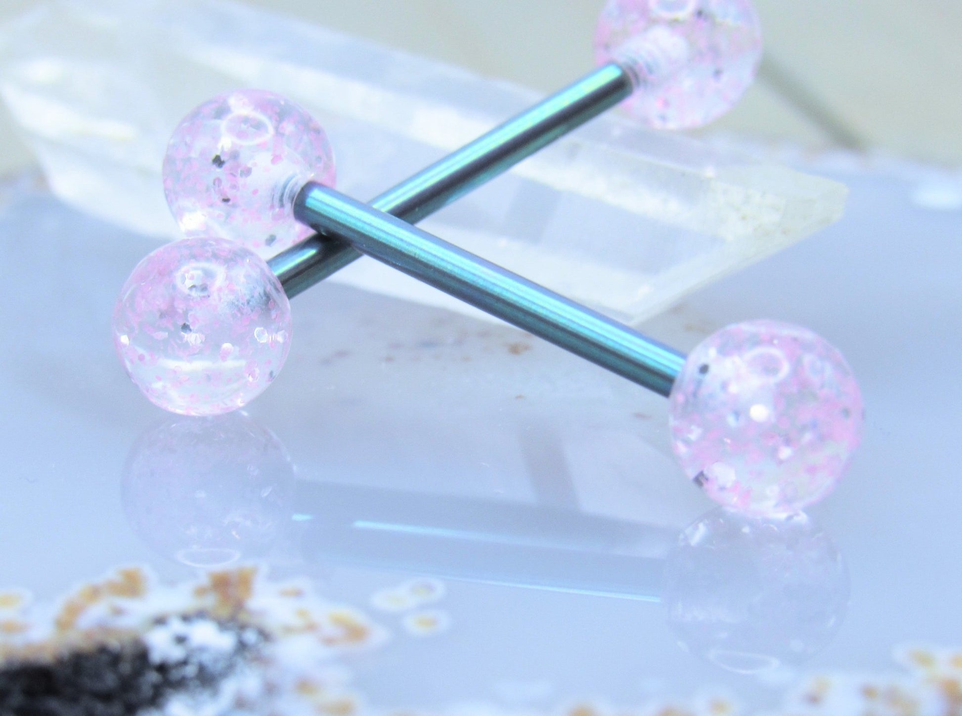 Pink glitter ball titanium nipple piercing set 14g 5/8" length straight externally threaded barbells - Siren Body Jewelry
