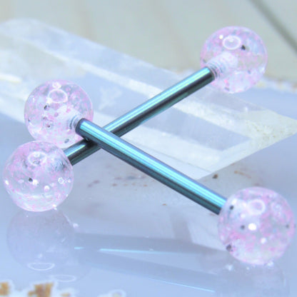 Pink glitter ball titanium nipple piercing set 14g 5/8" length straight externally threaded barbells - Siren Body Jewelry