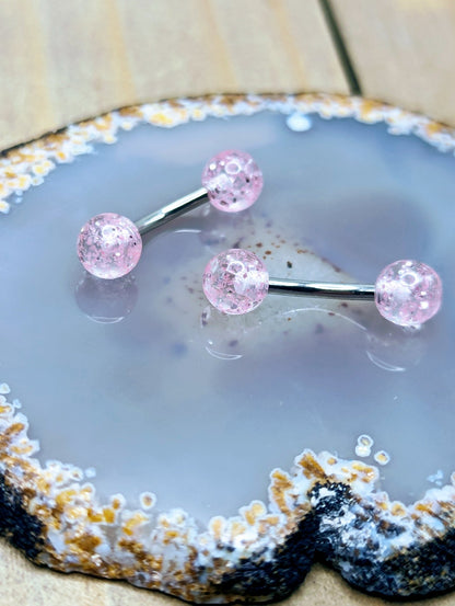 Pink Glitter Nipple Piercing Jewelry Set 14g Curved 7/16" SS - Siren Body Jewelry