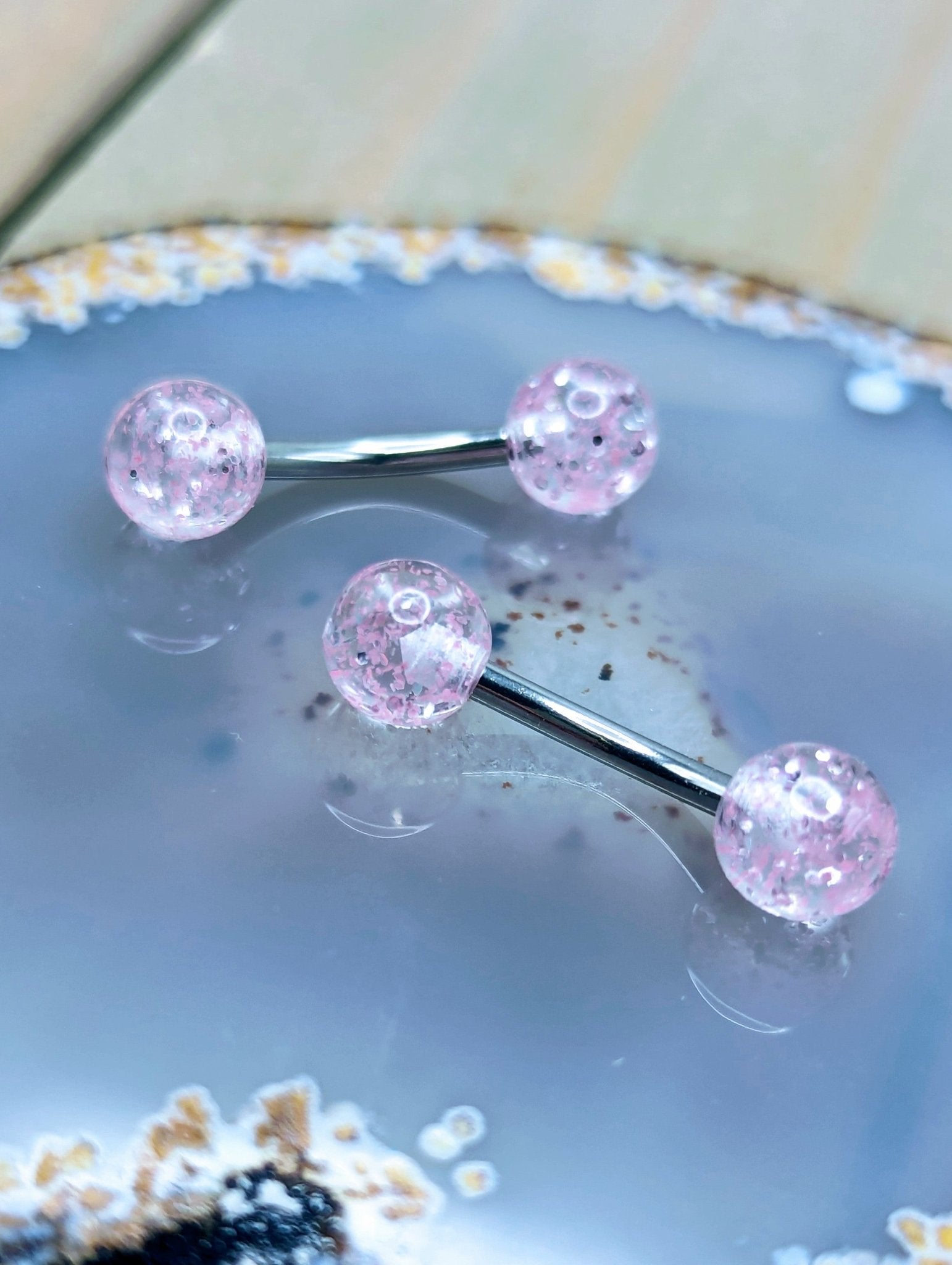Pink Glitter Nipple Piercing Jewelry Set 14g Curved 7/16" SS - Siren Body Jewelry