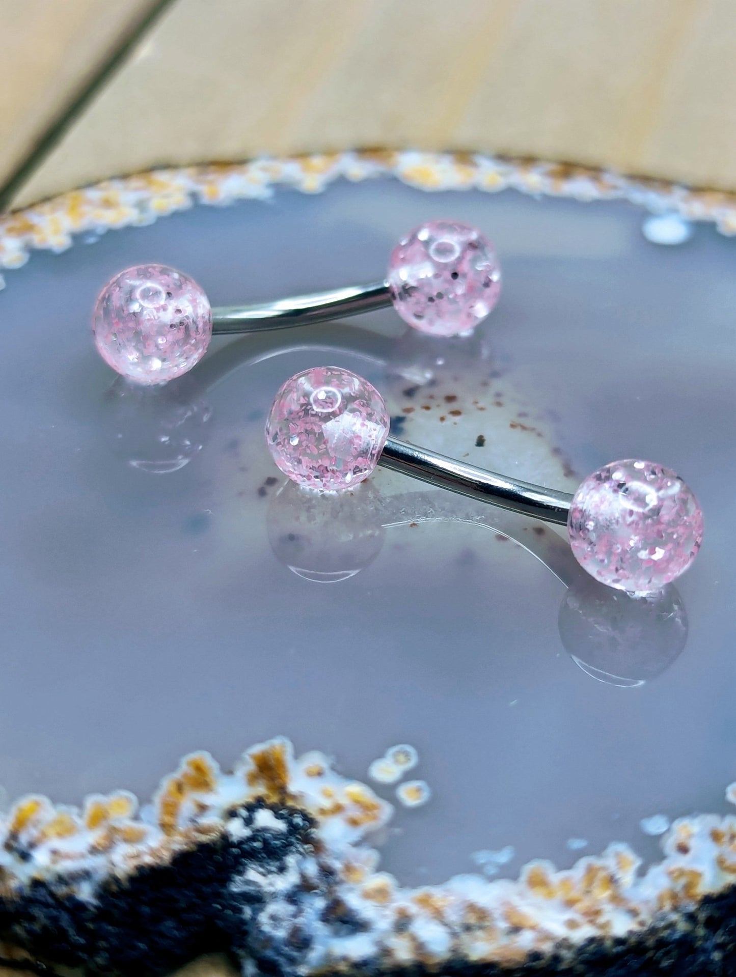 Pink Glitter Nipple Piercing Jewelry Set 14g Curved 7/16" SS - Siren Body Jewelry