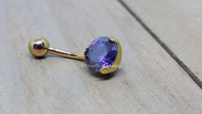 Prong set royal purple gemstone rose gold belly ring 14g titanium internally threaded VCH piercing bar - SirenBodyJewelry