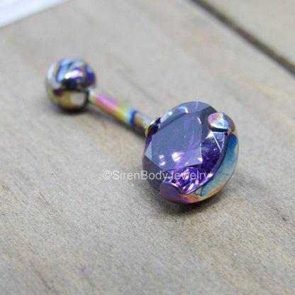 Prong set royal purple gemstone rose gold belly ring 14g titanium internally threaded VCH piercing bar - SirenBodyJewelry