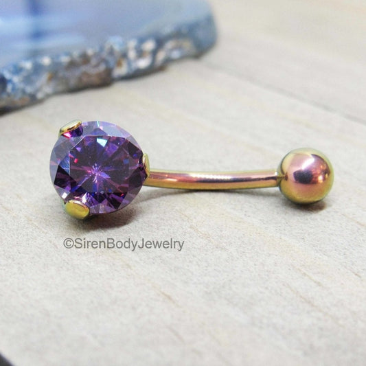Prong set royal purple gemstone rose gold belly ring 14g titanium internally threaded VCH piercing bar 