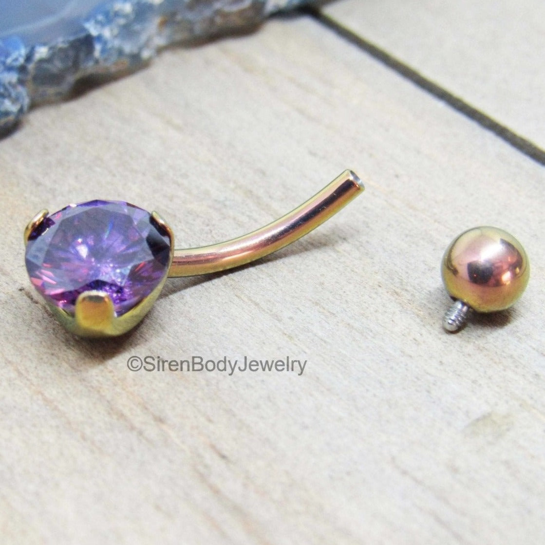 14g titanium belly button piercing ring purple gemstone rose gold anodized