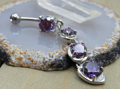 Purple dangle belly button piercing ring 14g 3/8" cascading prong set gemstones silver 316L stainless steel - Siren Body Jewelry