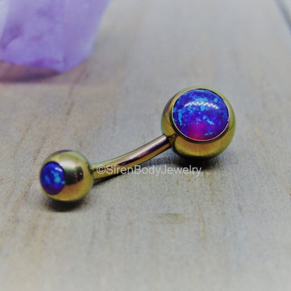 Purple opal belly button ring 14g rose gold titanium internally threaded 3/8" length curved barbell - SirenBodyJewelry