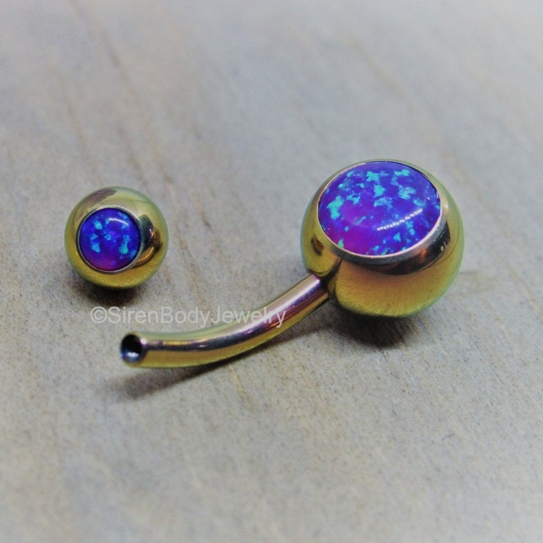 Purple opal belly button ring 14g rose gold titanium internally threaded 3/8" length curved barbell - SirenBodyJewelry