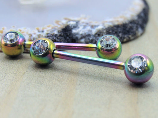 Rainbow nipple piercing barbell set 14g 5/8" 4mm cz forward facing crystal clear gemstones - Siren Body Jewelry