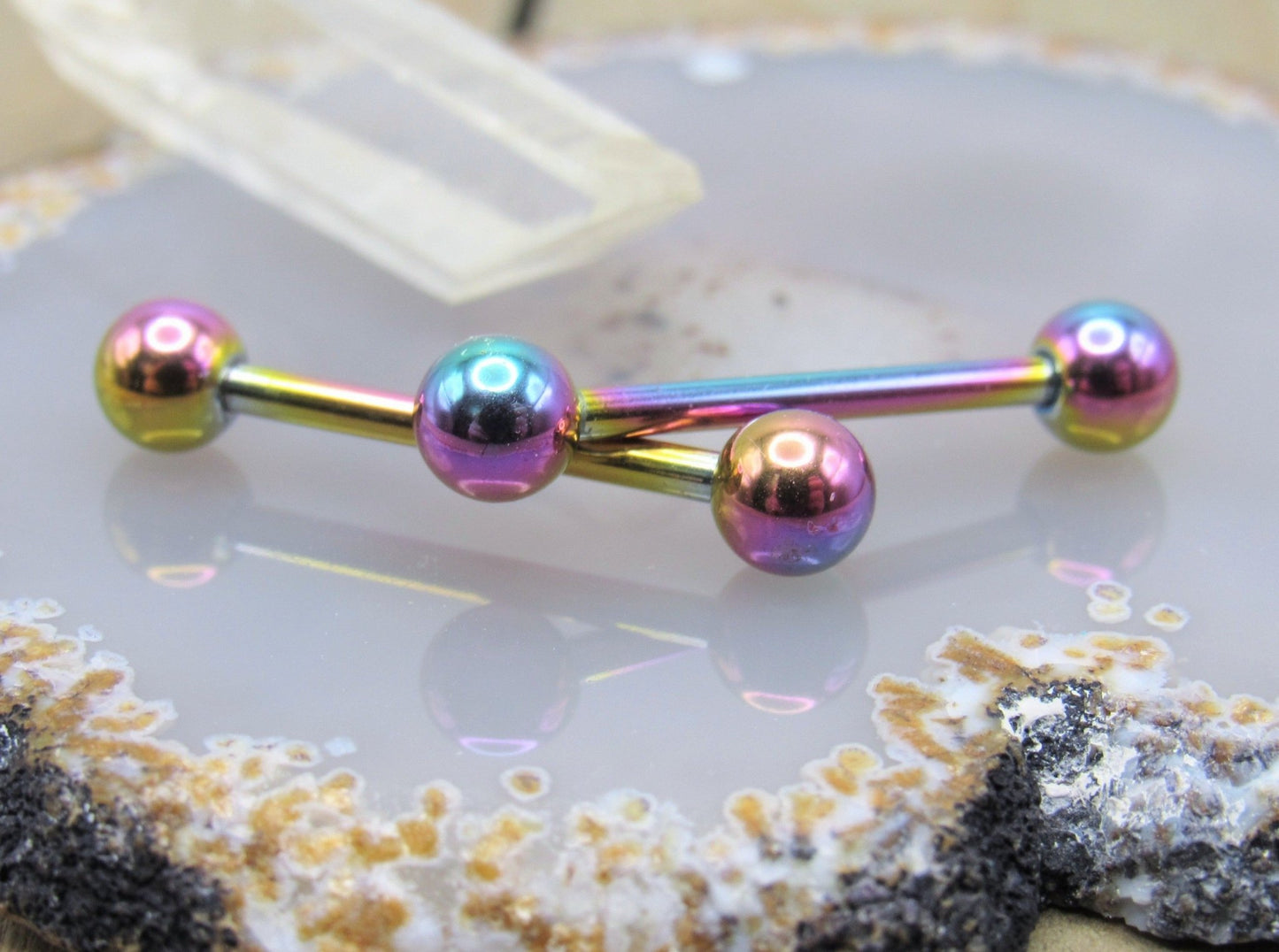 Rainbow nipple piercing rings 14g 5/8" stainless steel straight bars 5mm ball ends - Siren Body Jewelry