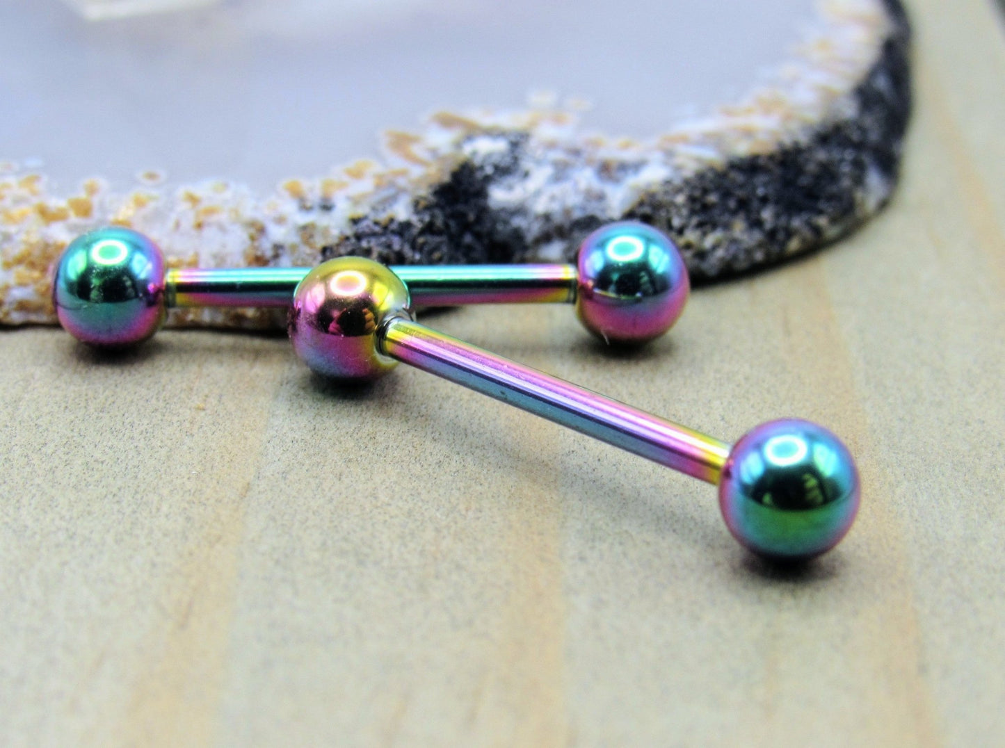 Rainbow nipple piercing rings 14g 5/8" stainless steel straight bars 5mm ball ends - Siren Body Jewelry
