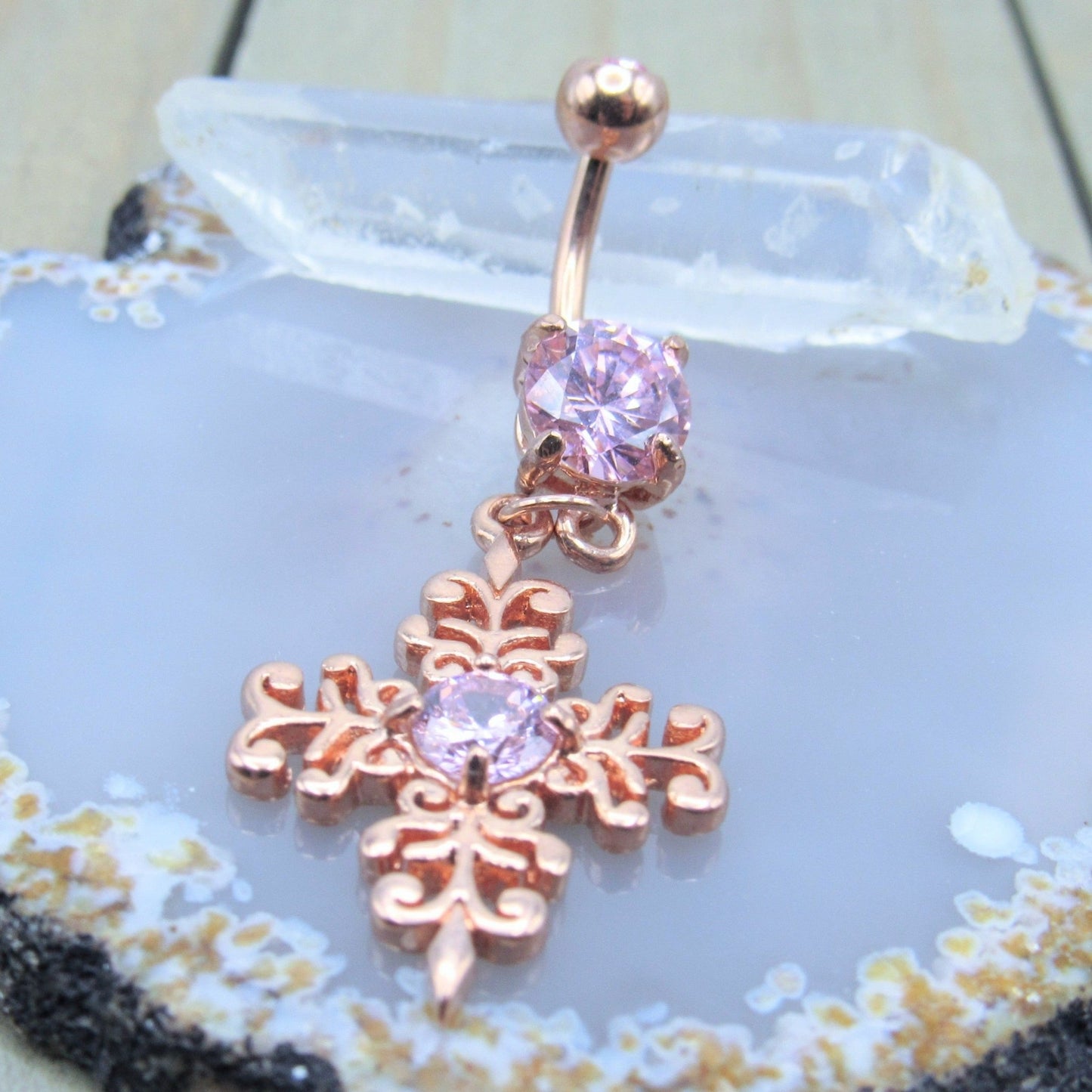 Rose gold cross dangle belly button piercing jewelry 14g 7/16" elegant pink cz gemstones navel ring - Siren Body Jewelry