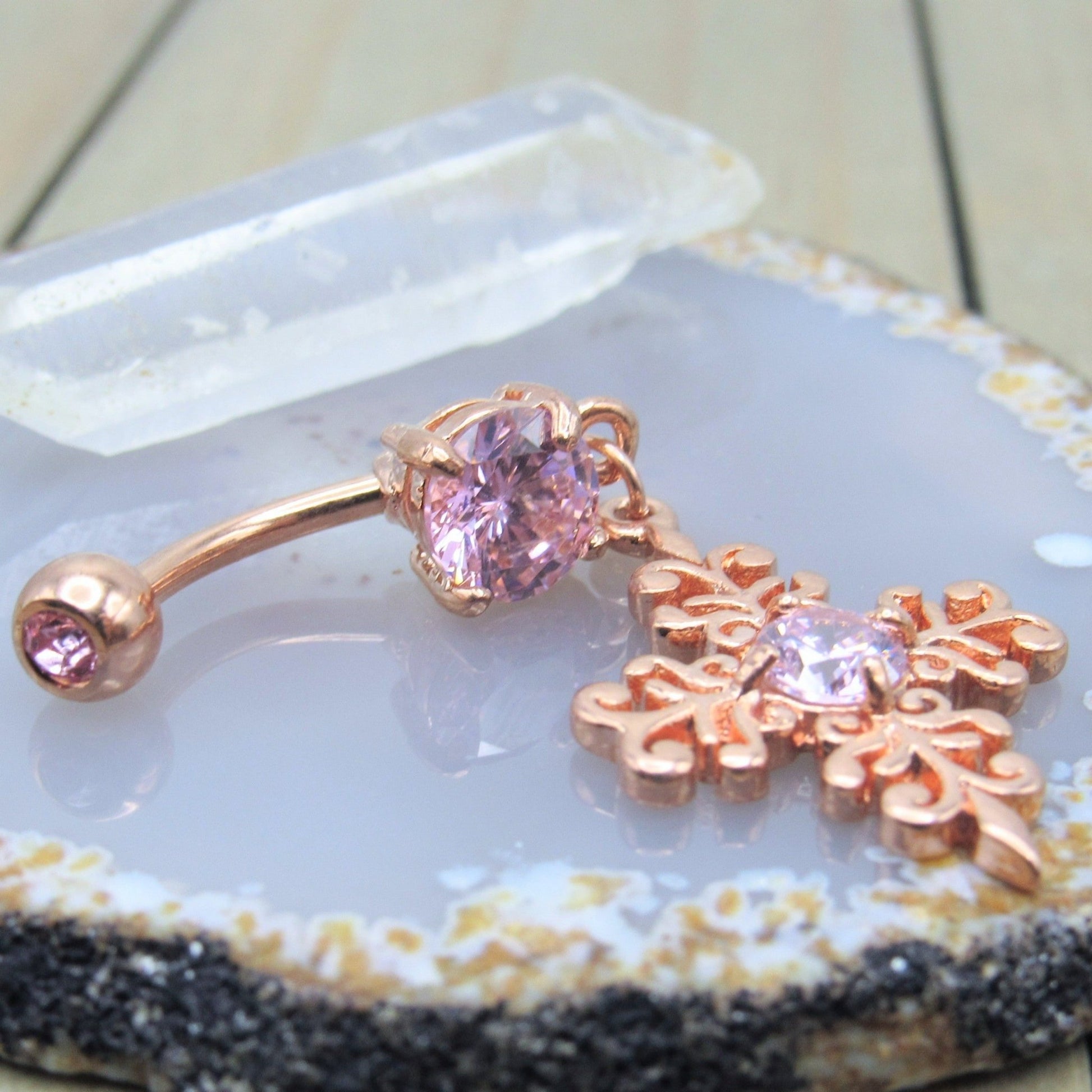 Rose Gold Cross Gemstone Belly Button Piercing Ring 14g 7/16 Pink Gems