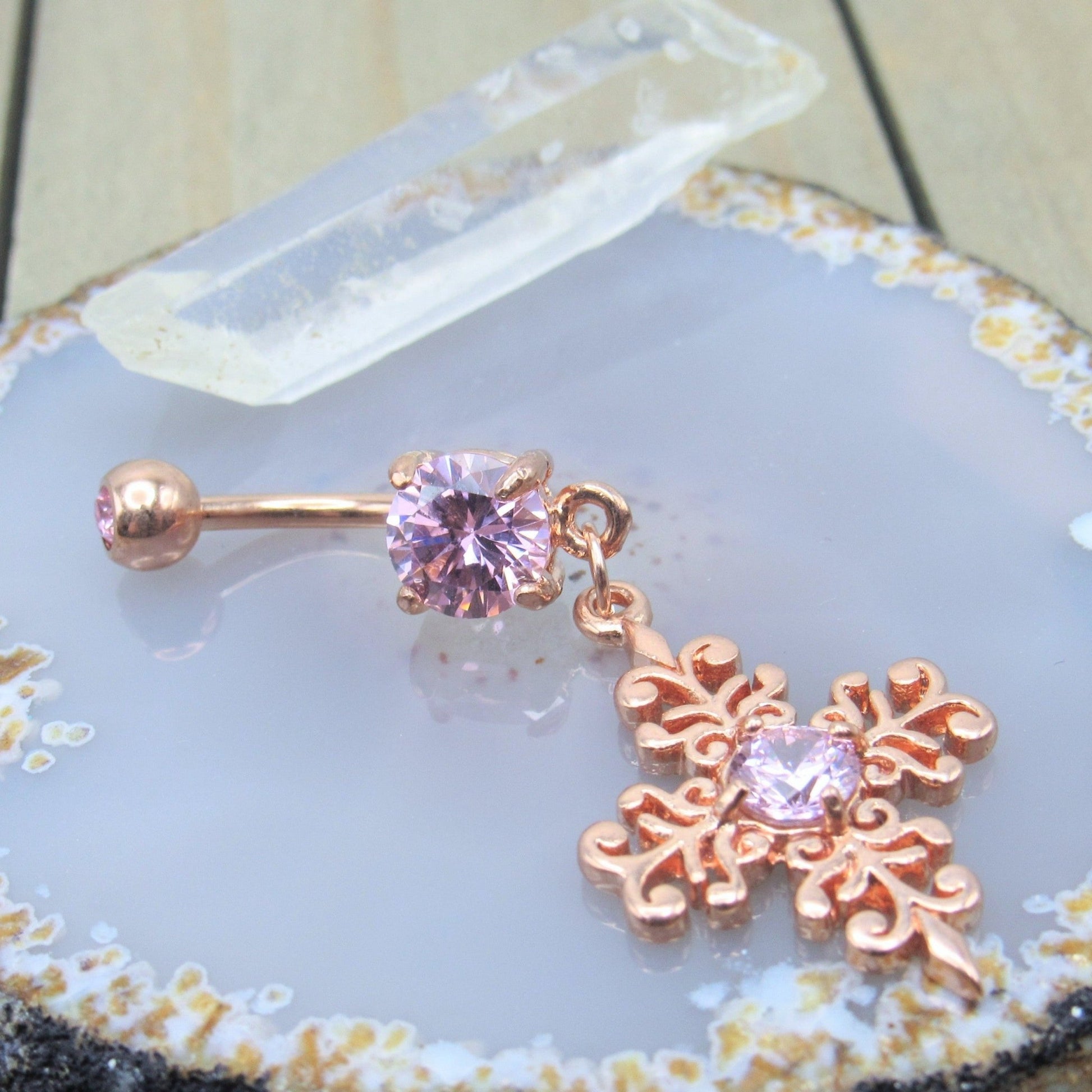 Rose gold cross dangle belly button piercing jewelry 14g 7/16" elegant pink cz gemstones navel ring - Siren Body Jewelry