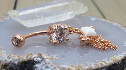 Rose gold dangle belly ring 14g cz gemstone navel barbell 3/8" length externally threaded - Siren Body Jewelry