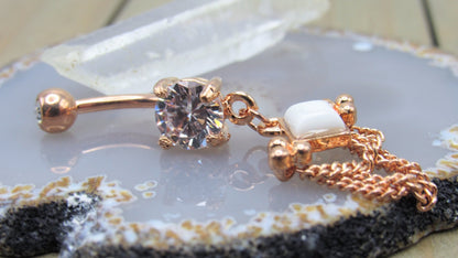 Rose gold dangle belly ring 14g cz gemstone navel barbell 3/8" length externally threaded - Siren Body Jewelry