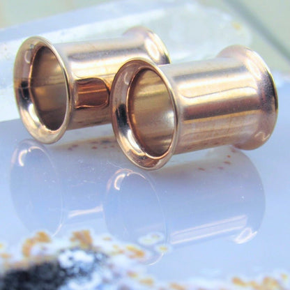 Rose gold double flare tunnel earring set gauged earlobe jewelry pair - Siren Body Jewelry
