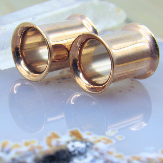 Rose gold double flare tunnel earring set gauged earlobe jewelry pair - Siren Body Jewelry