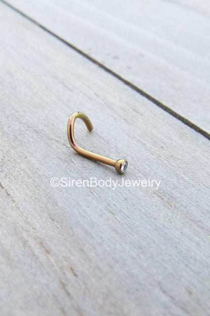 Rose gold nose piercing ring anodized titanium 18g nostril piercing screw 2mm cz clear gem hypoallergenic body jewelry rings studs one stud - SirenBodyJewelry