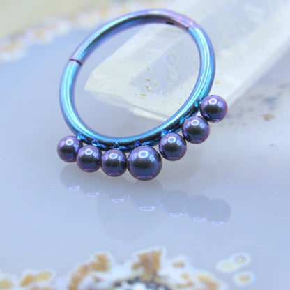 Septum piercing clicker 16g 3/8" beaded drop design purple teal anodized titanium hinge ring - Siren Body Jewelry