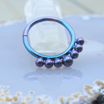 Septum piercing clicker 16g 3/8" beaded drop design purple teal anodized titanium hinge ring - Siren Body Jewelry