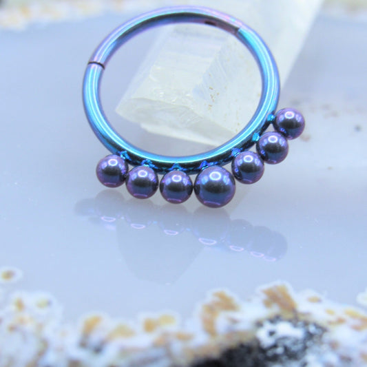 Septum piercing clicker 16g 3/8" beaded drop design purple teal anodized titanium hinge ring - Siren Body Jewelry