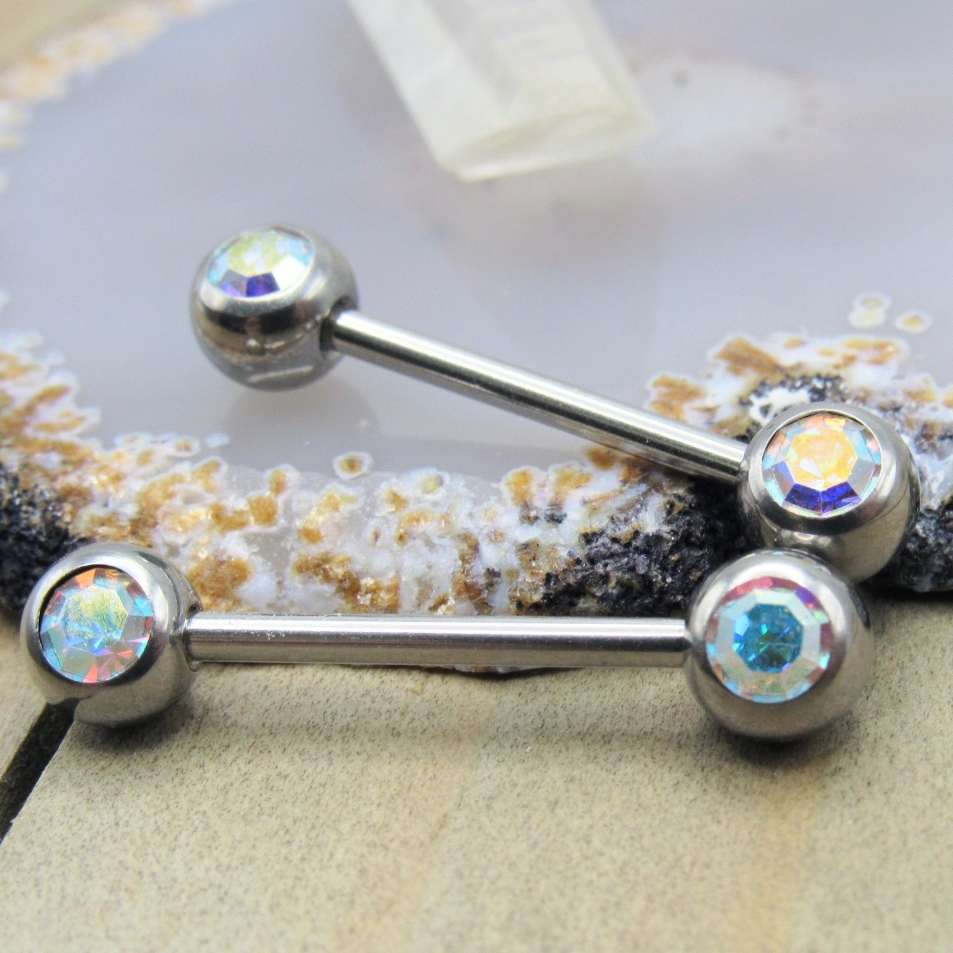 Silver nipple piercing jewelry set 14g 5/8" double ab gemstone forward facing gem pair 316L stainless steel - Siren Body Jewelry