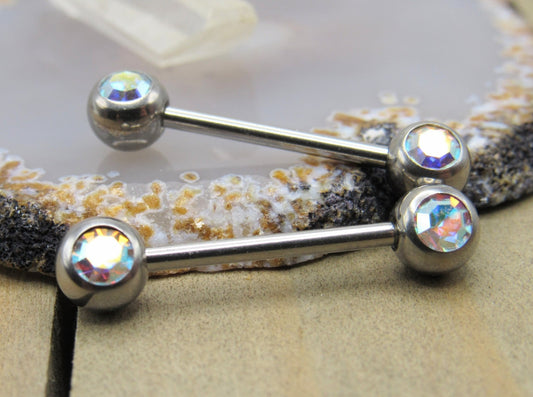 Silver nipple piercing jewelry set 14g 5/8" double ab gemstone forward facing gem pair 316L stainless steel - Siren Body Jewelry