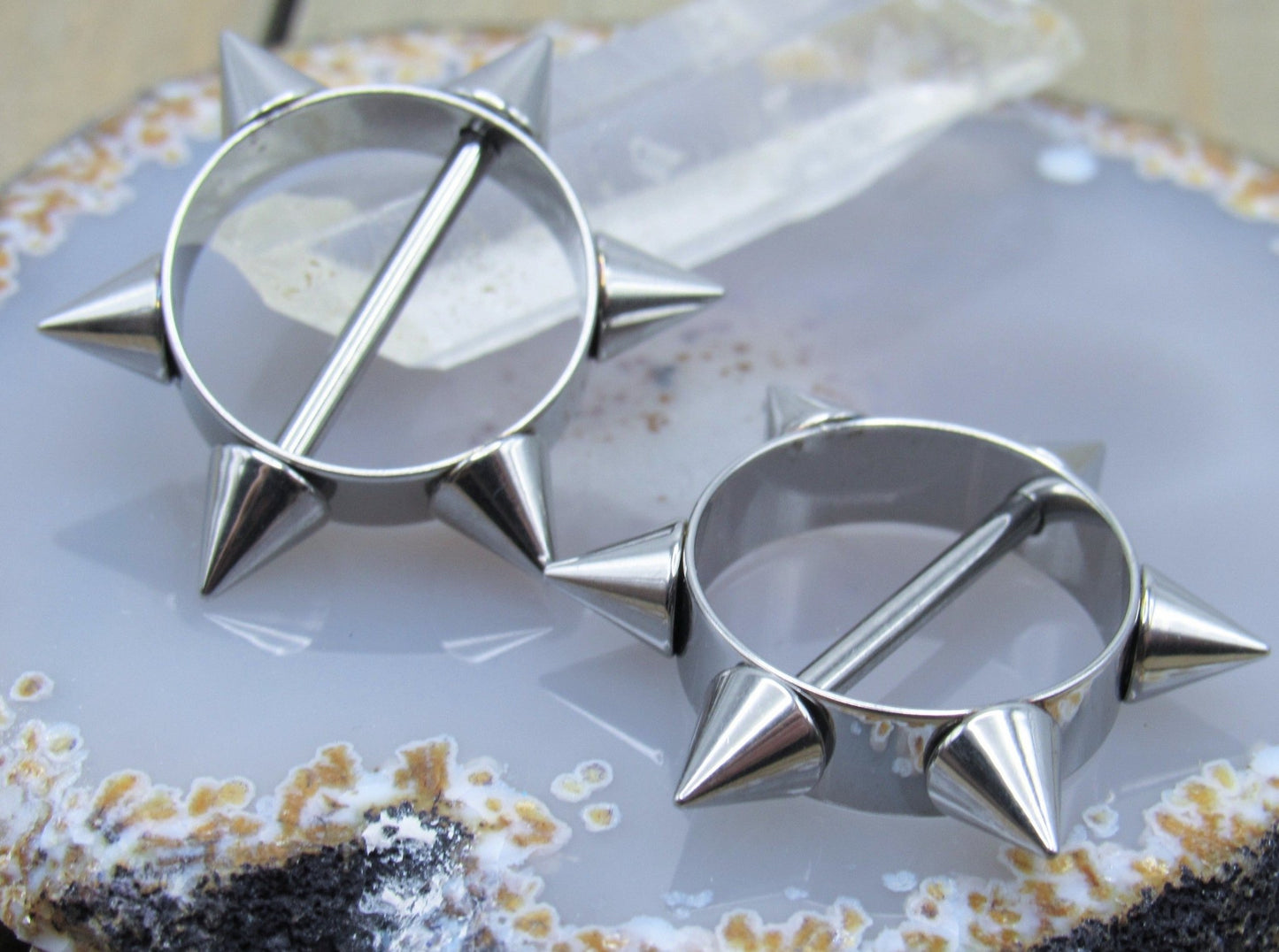 Silver spikes nipple piercing shield set 14g silver 316L stainless steel straight externally threaded bars - Siren Body Jewelry