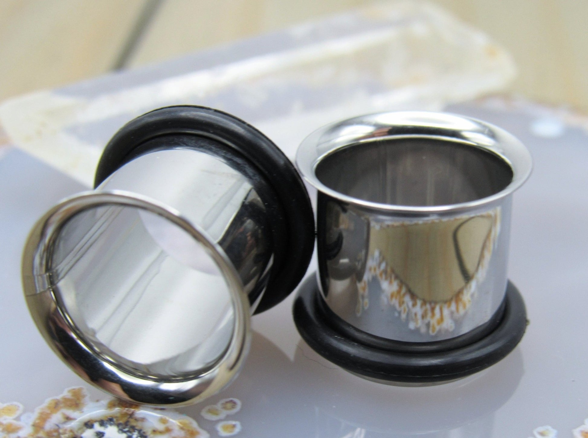 Single flare tunnel earrings silver 316L stainless steel stretched earlobe body jewelry set - Siren Body Jewelry