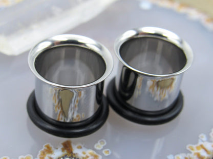 Single flare tunnel earrings silver 316L stainless steel stretched earlobe body jewelry set - Siren Body Jewelry