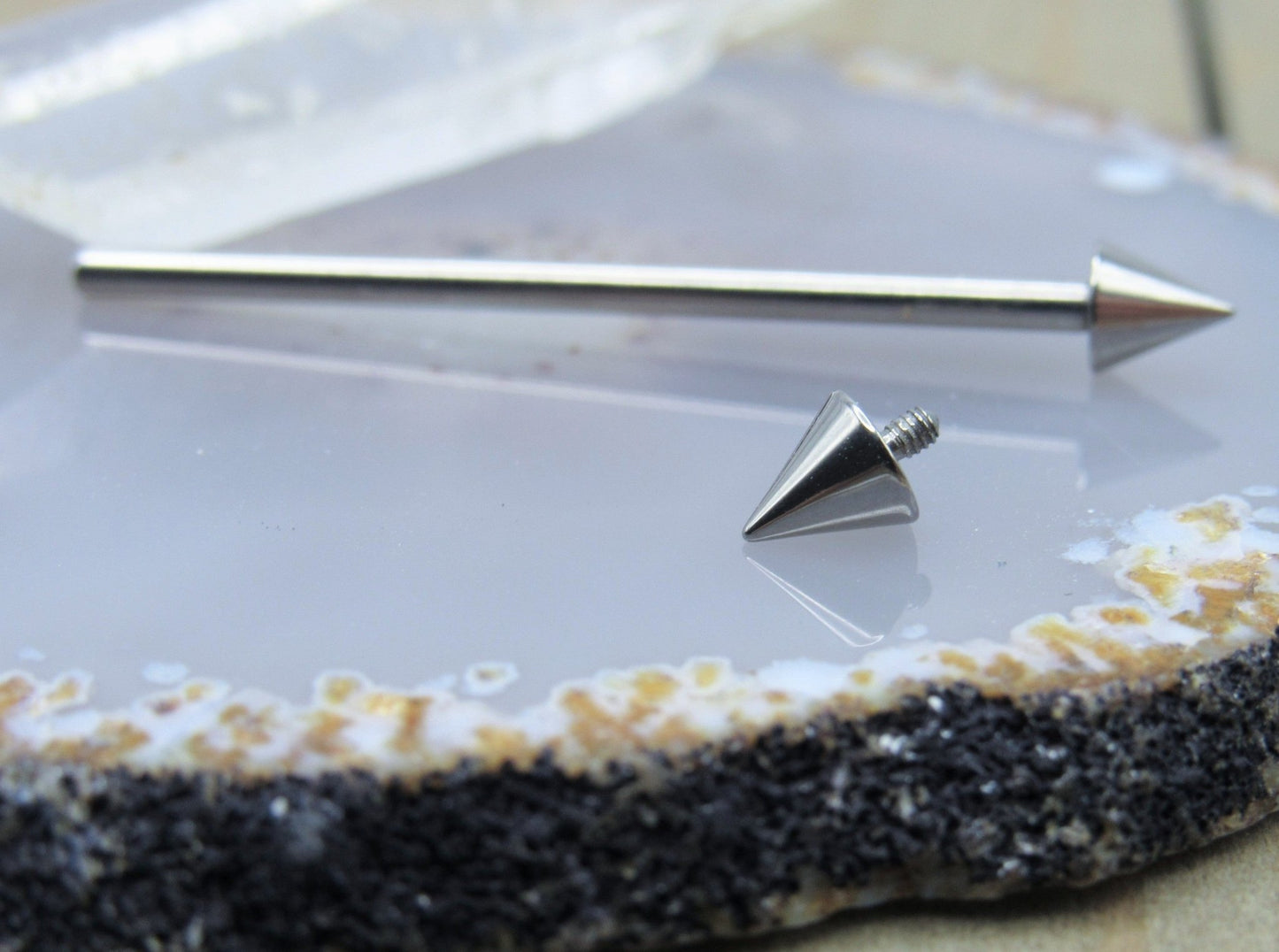 Spike industrial piercing barbell 14g 1 1/4"-1 1/2" internally threaded titanium 4mm spikes - Siren Body Jewelry
