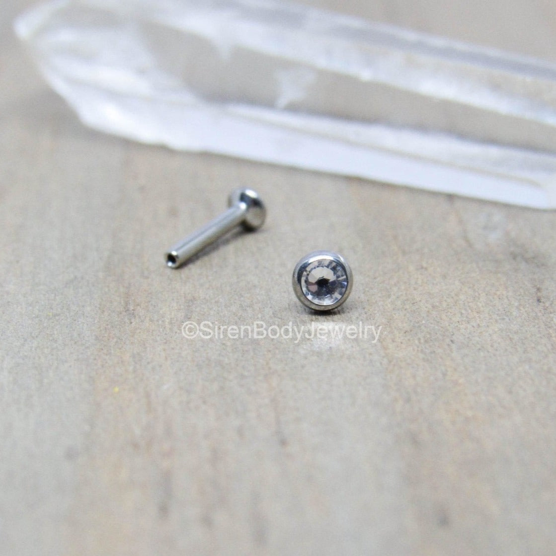 Threadless nose stud titanium 18g flat back labret 3mm Swarovski clear gemstone bezel set - SirenBodyJewelry