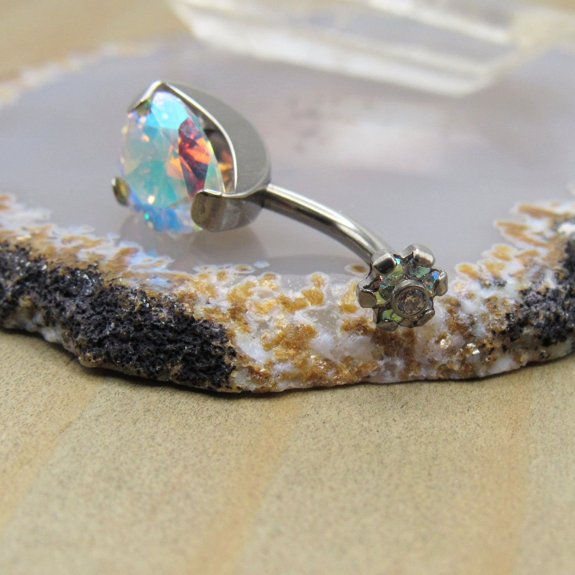 Titanium belly button piercing ring 14g 3/8" double aurora borealis gemstone navel curve - Siren Body Jewelry