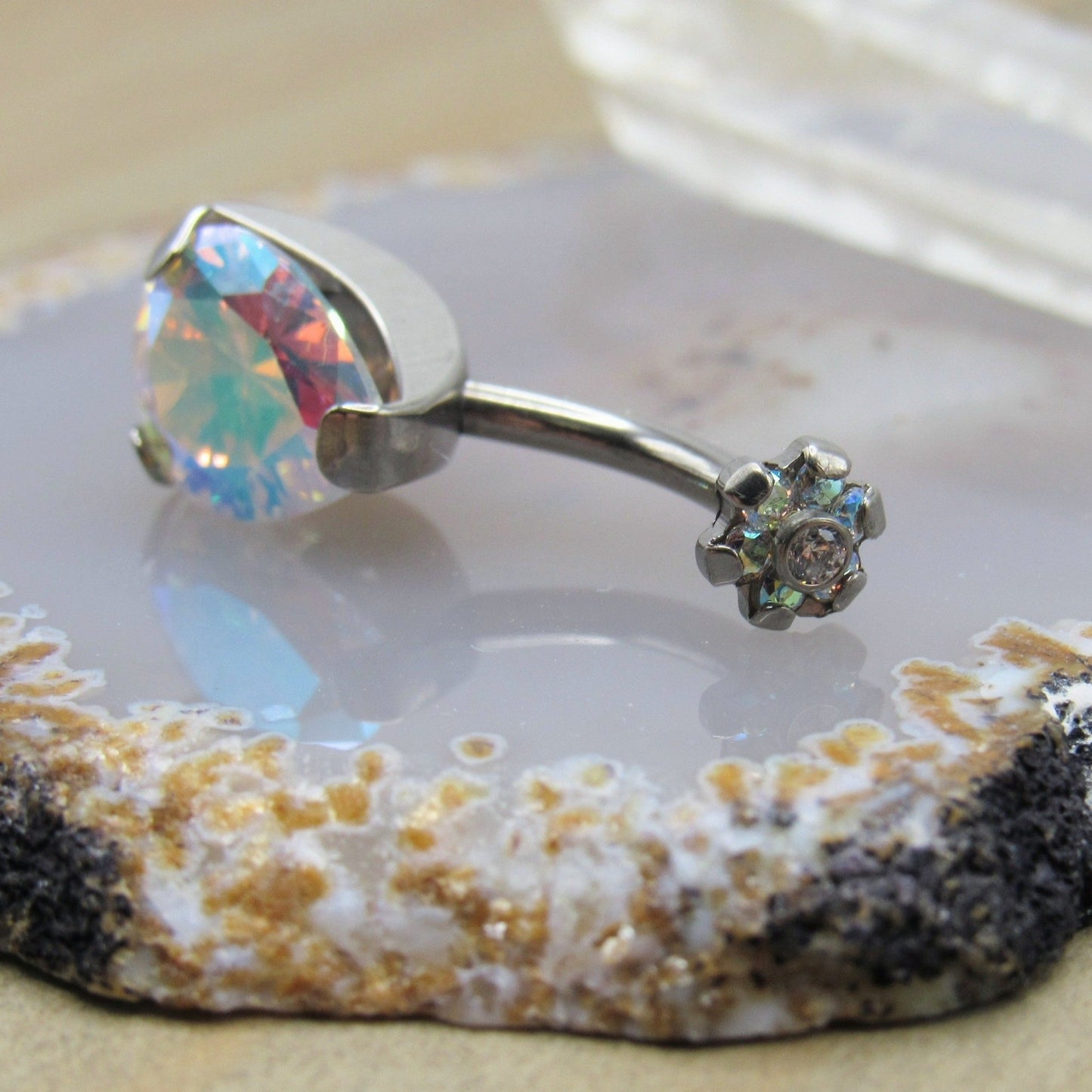 Titanium belly button piercing ring 14g 3/8" double aurora borealis gemstone navel curve - Siren Body Jewelry