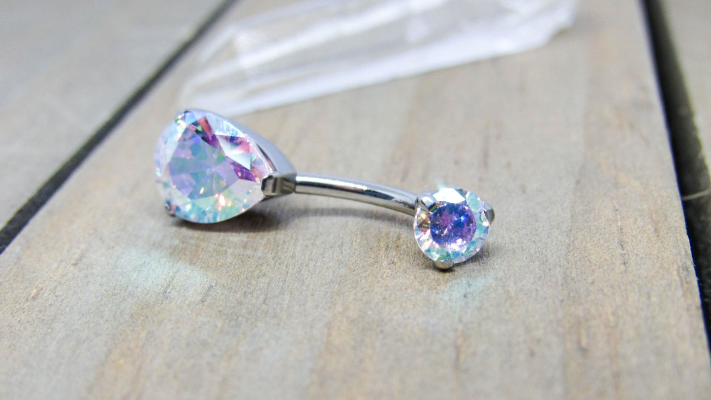 Titanium belly ring 14g 3/8" pear aurora borealis gemstone internally threaded hypoallergenic pick your anodized color 