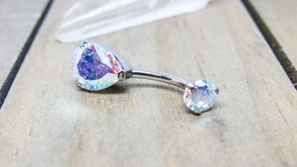 Titanium belly ring 14g 3/8" pear aurora borealis gemstone internally threaded hypoallergenic pick your anodized color - SirenBodyJewelry