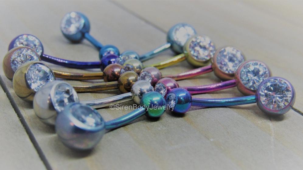 Titanium belly ring 14g navel curve 3/8"-1/2" anodized pick your color double clear gem VCH bar - SirenBodyJewelry
