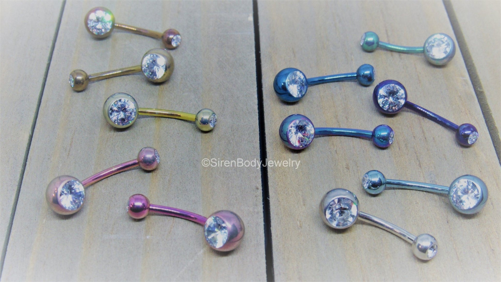 Titanium belly ring 14g navel curve 3/8"-1/2" anodized pick your color double clear gem VCH bar - SirenBodyJewelry