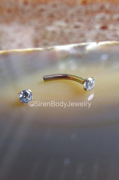 Titanium curved barbell 16g rook vertical labret bar internally threaded 3mm prong Swarvoski gemstones - SirenBodyJewelry